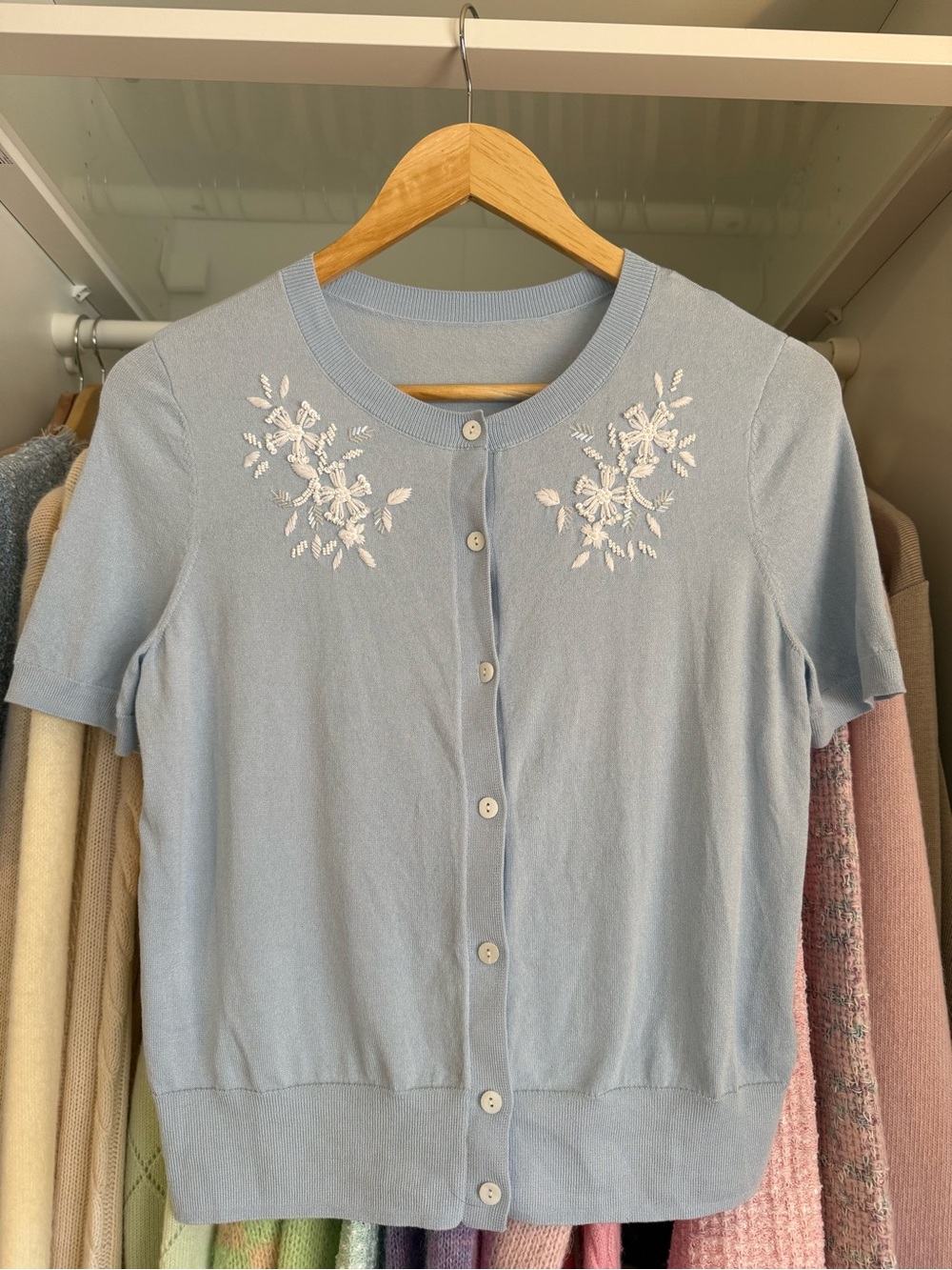 Light Blue Embroidered Short-Sleeve Cardigan